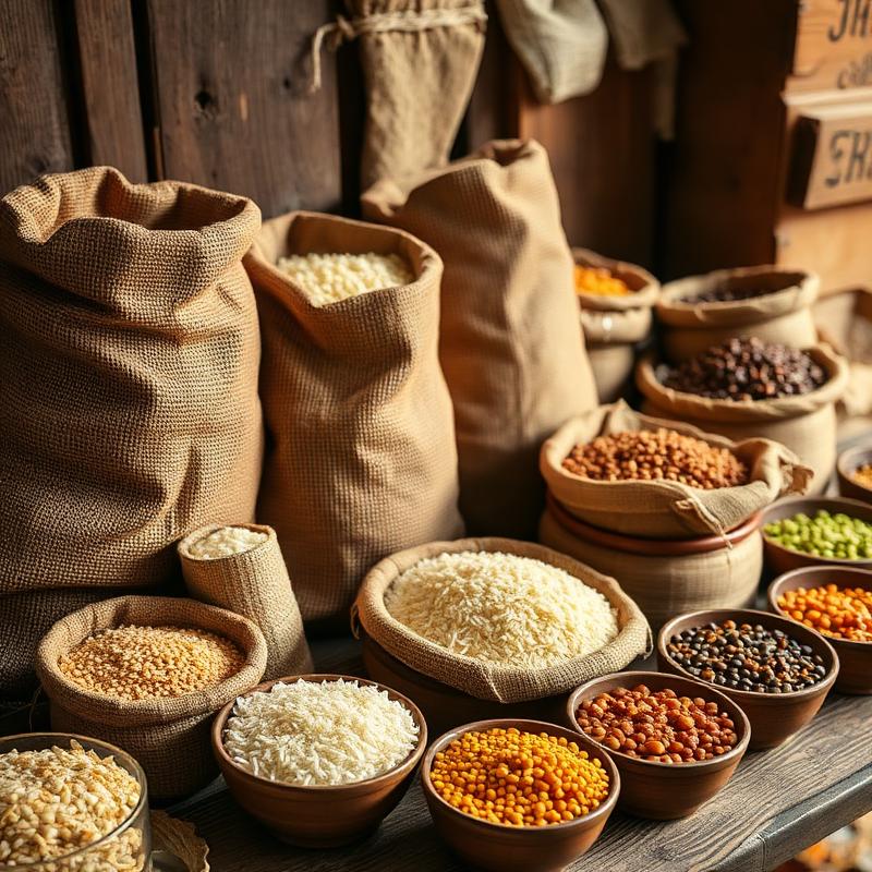 Bags of rice and lentils