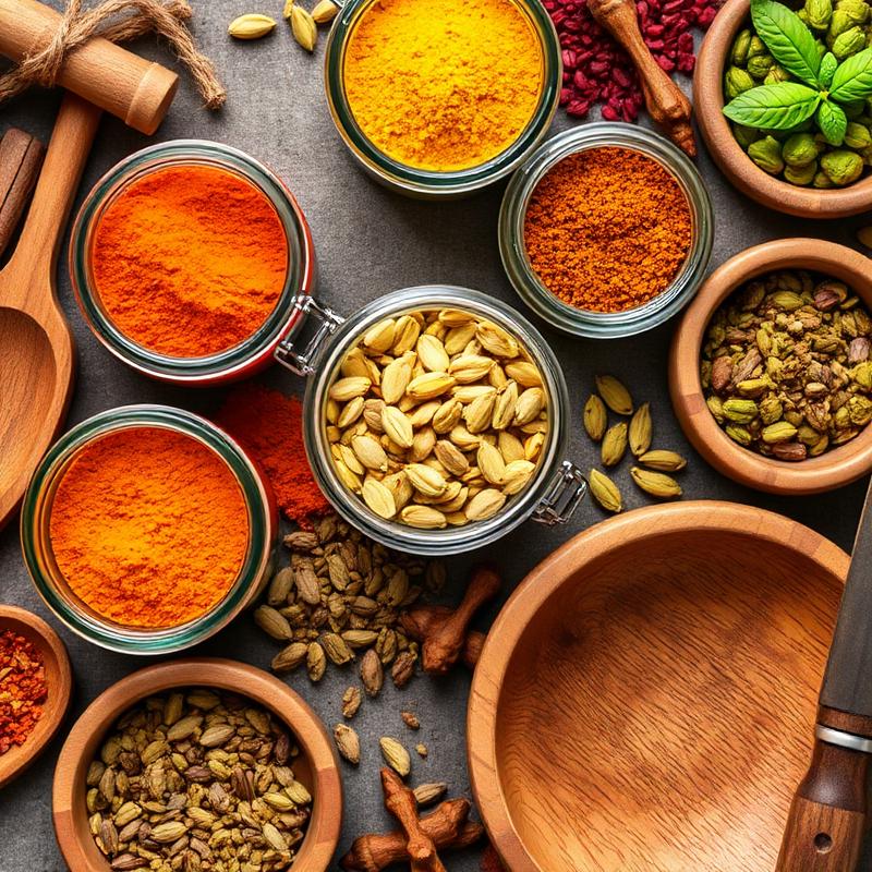 Jars of authentic spices and masalas